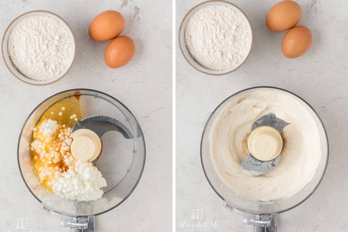 Side-by-side photo: Left: Blending the cottage cheese in a food processer. Right: completely blended cheese mixture.
