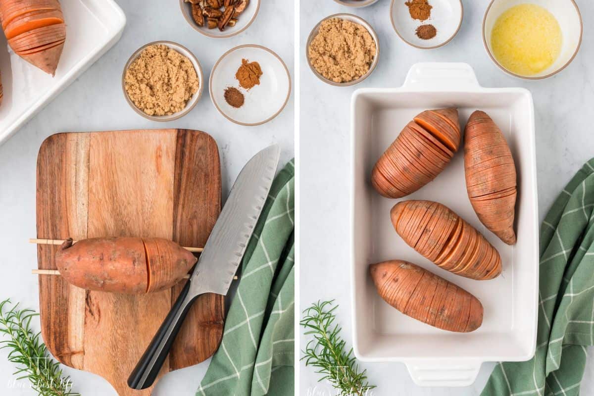 Cutting the sweet potatoes using chopsticks.
