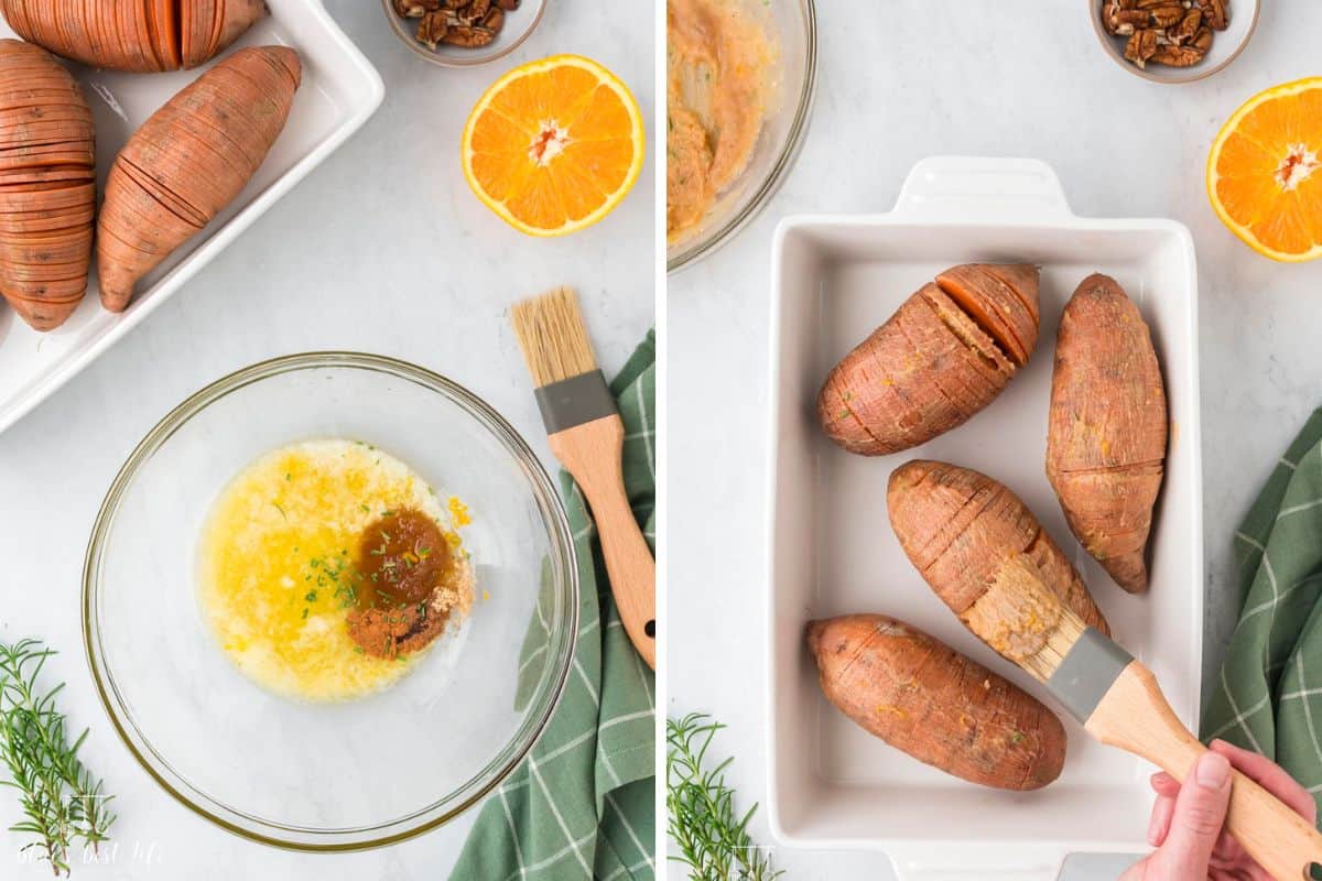Brushing the melted butter onto the sweet potatoes.