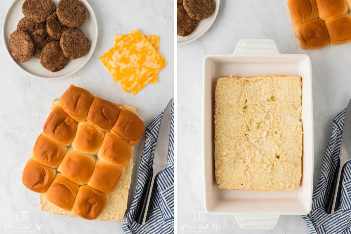 Side-by-side photo: Left: Cutting the Hawaiian rolls. Right: and adding them to the casserole dish. 