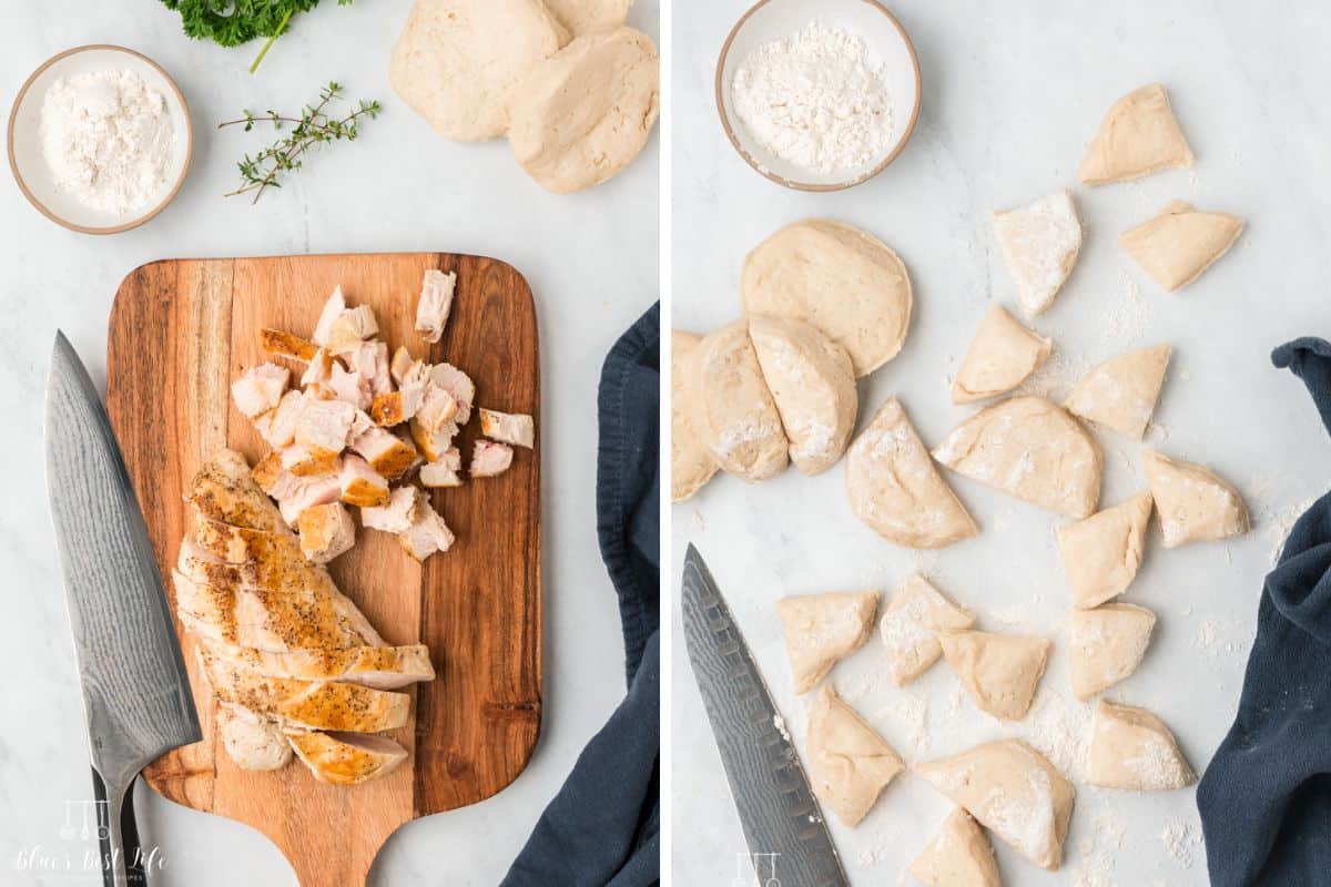 Collage Photo. Left: Chopping the chicken breasts into cubes on a wooden chopping board. Right: cutting biscuits into smaller pieces. 
