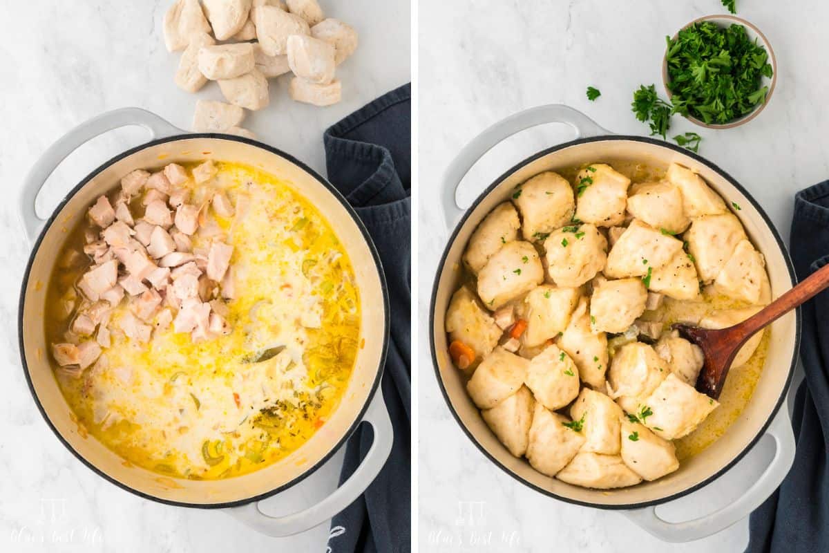 Collage Photos. Left: Adding the chicken and broth to the pot. Right: the dumplings after they have cooked in a pot. 