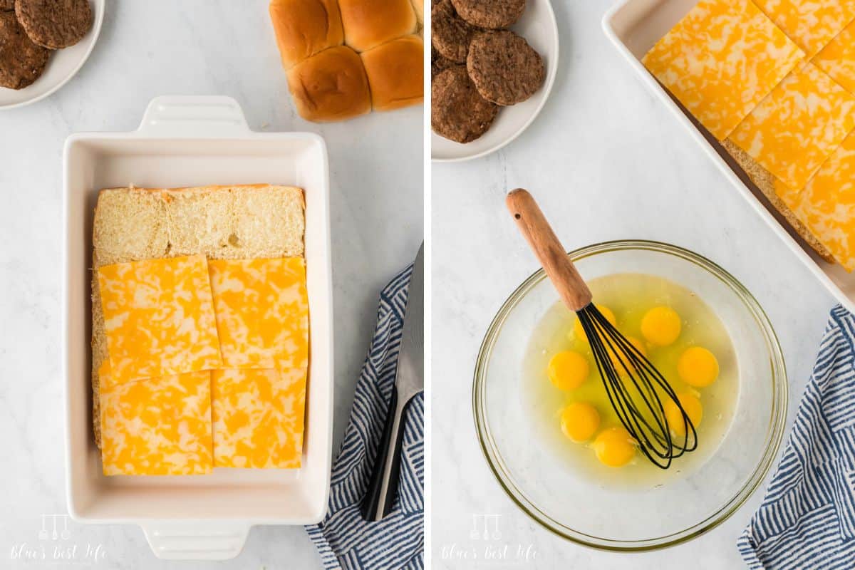 Side-by-side photo: Left: Adding the Colby cheese. Right: and scrambling the eggs. in a clear bowl.
