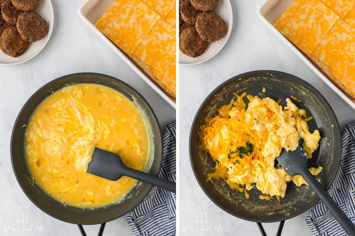 Side-by-side photo: Left: Cooking the eggs in a skillet. Right: completely cooked scrambled eggs. 