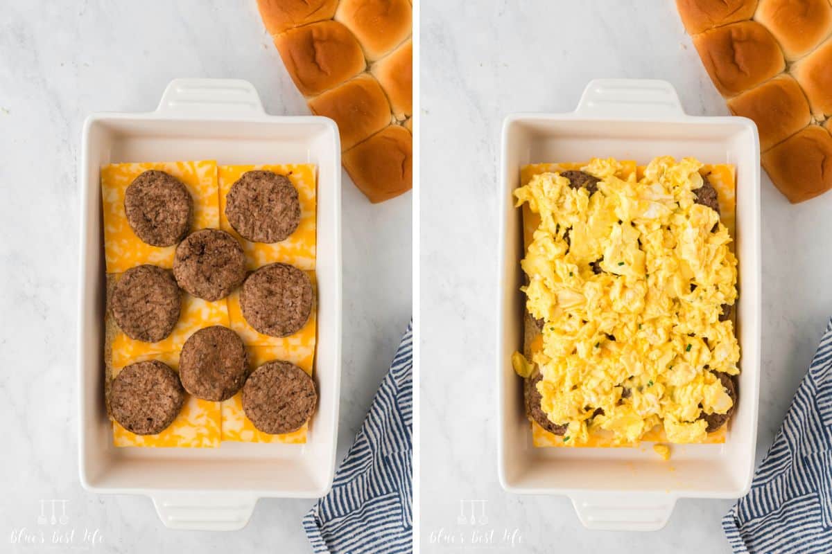 Side-by-side photo: Left: Adding the sausage on top of the Hawaiian Rolls, Colby Cheese, layers. Right: Add the scrambled eggs to the layer. 