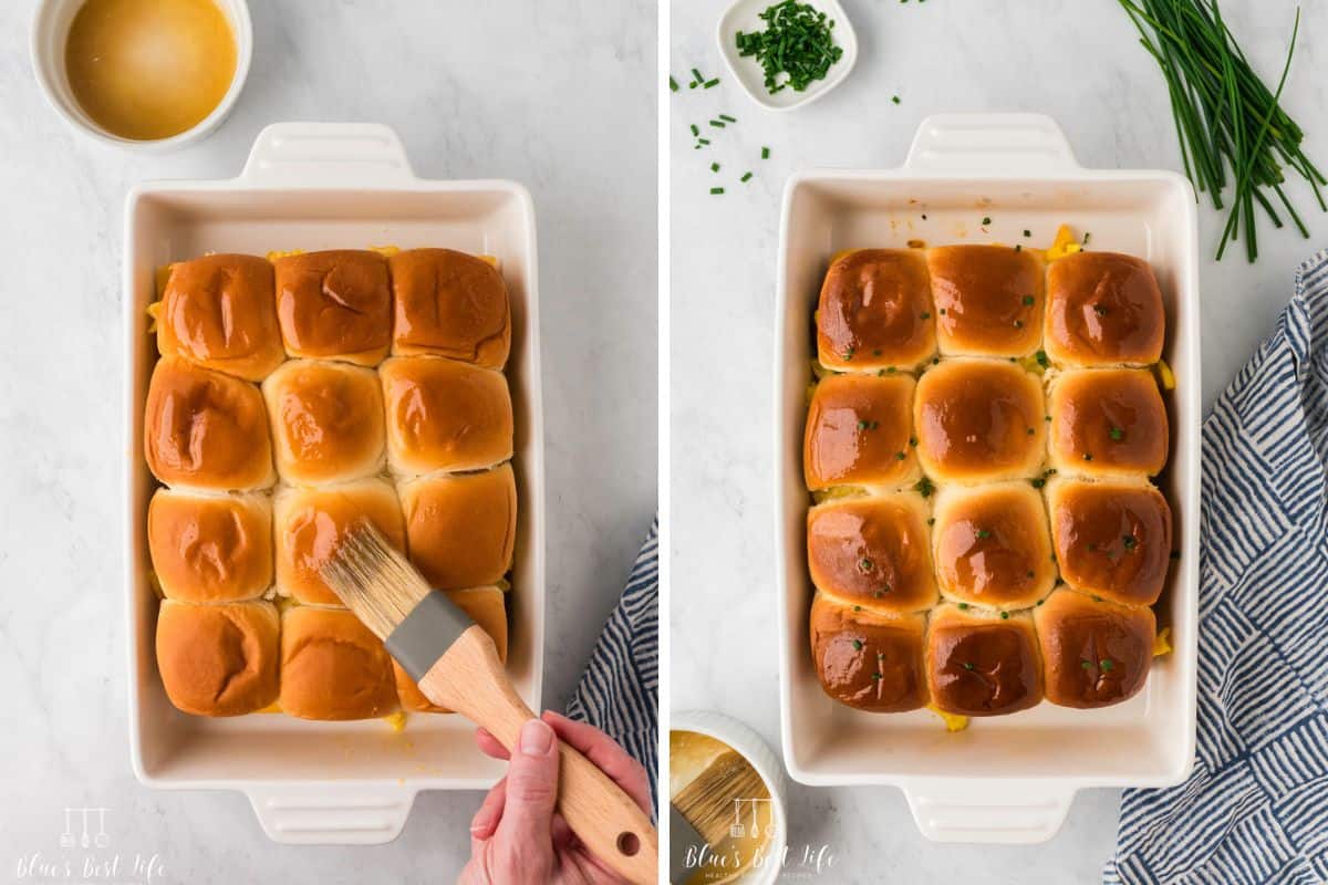 Side-by-side photo: Left: Brushing the top of the rolls with butter. Right: golden brown baked Hawaiian Rolls Sandwich. 
