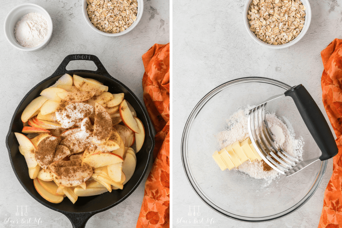 Tossing the apples in the butter, sugar and spices.  Cutting the butter into the flour. 