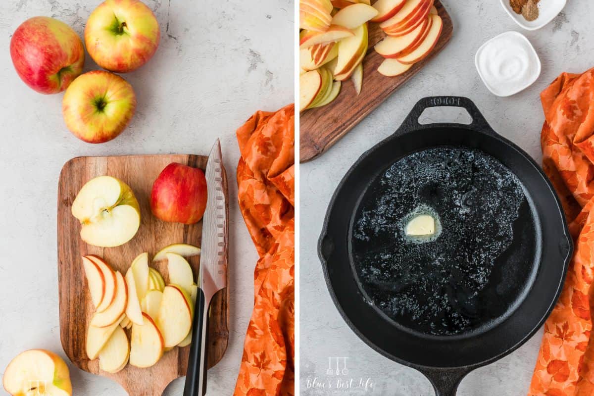 Cutting the apples and melting the butter. 