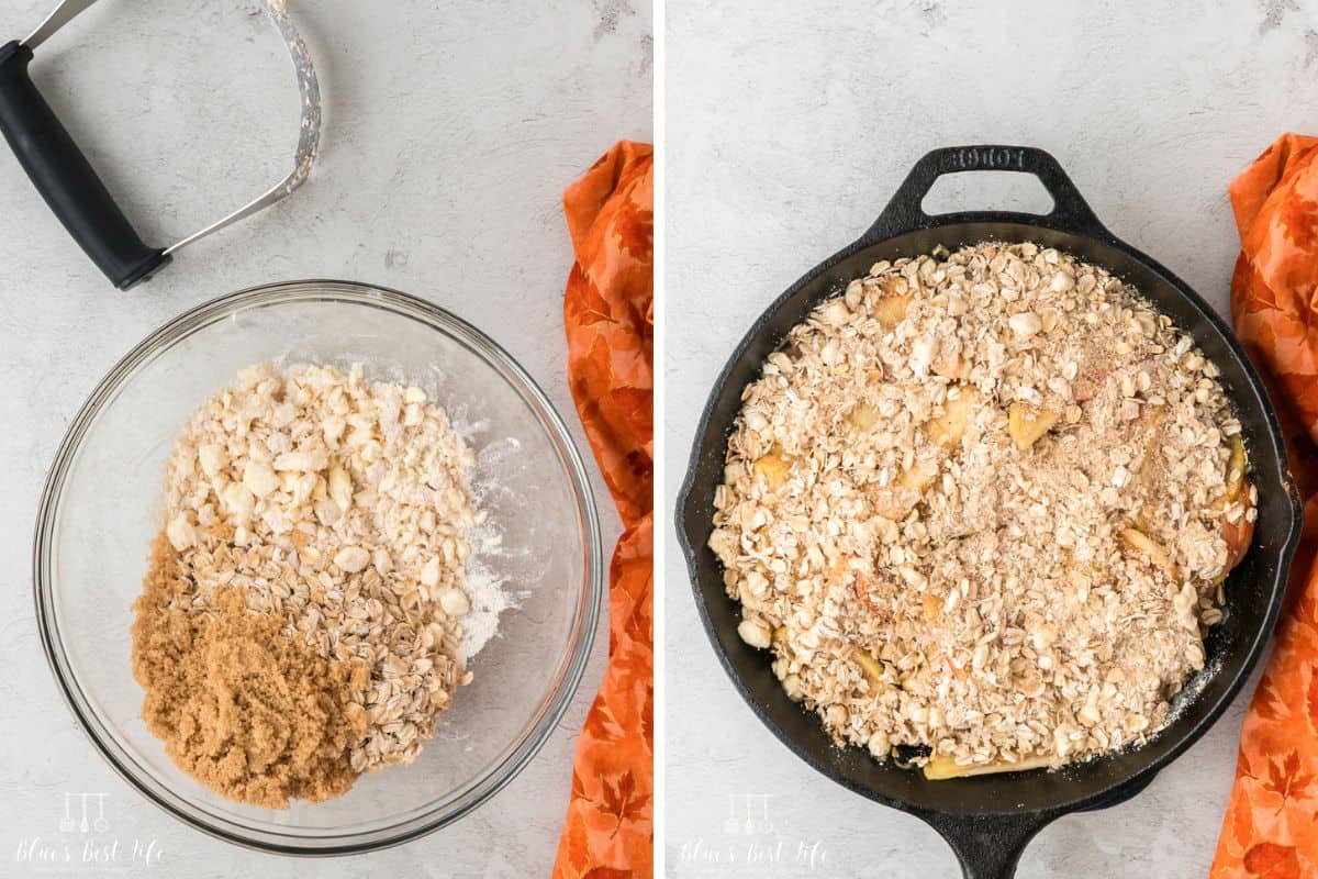 Adding the remaining crisp topping and sprinkling across the top of the crisp. 