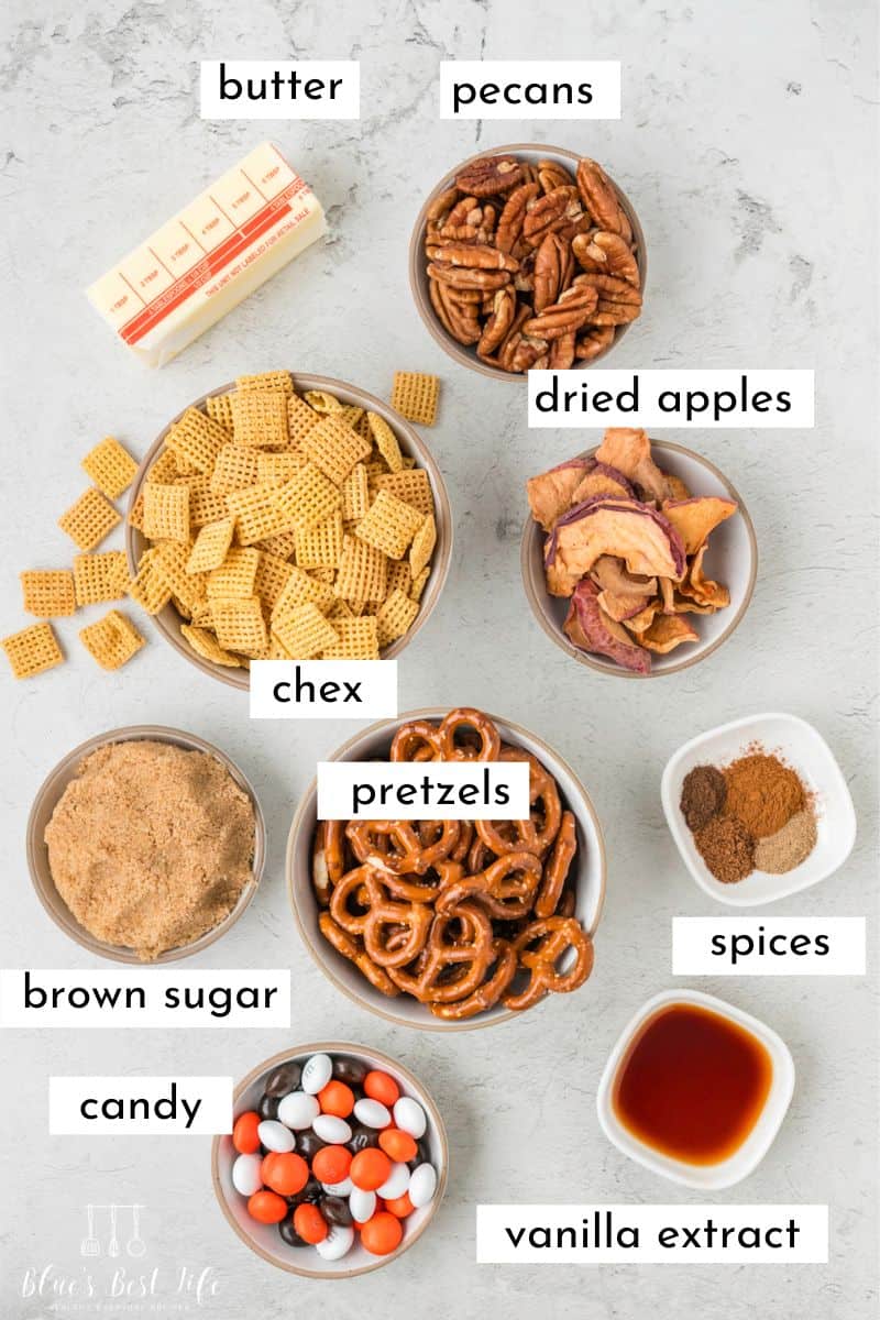 The ingredients needed for Fall Chex Mix. 