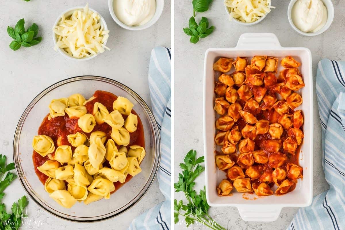 Photo Collage. Left: Adding the sauce to the pasta. Right: spreading the pasta into the casserole dish. 