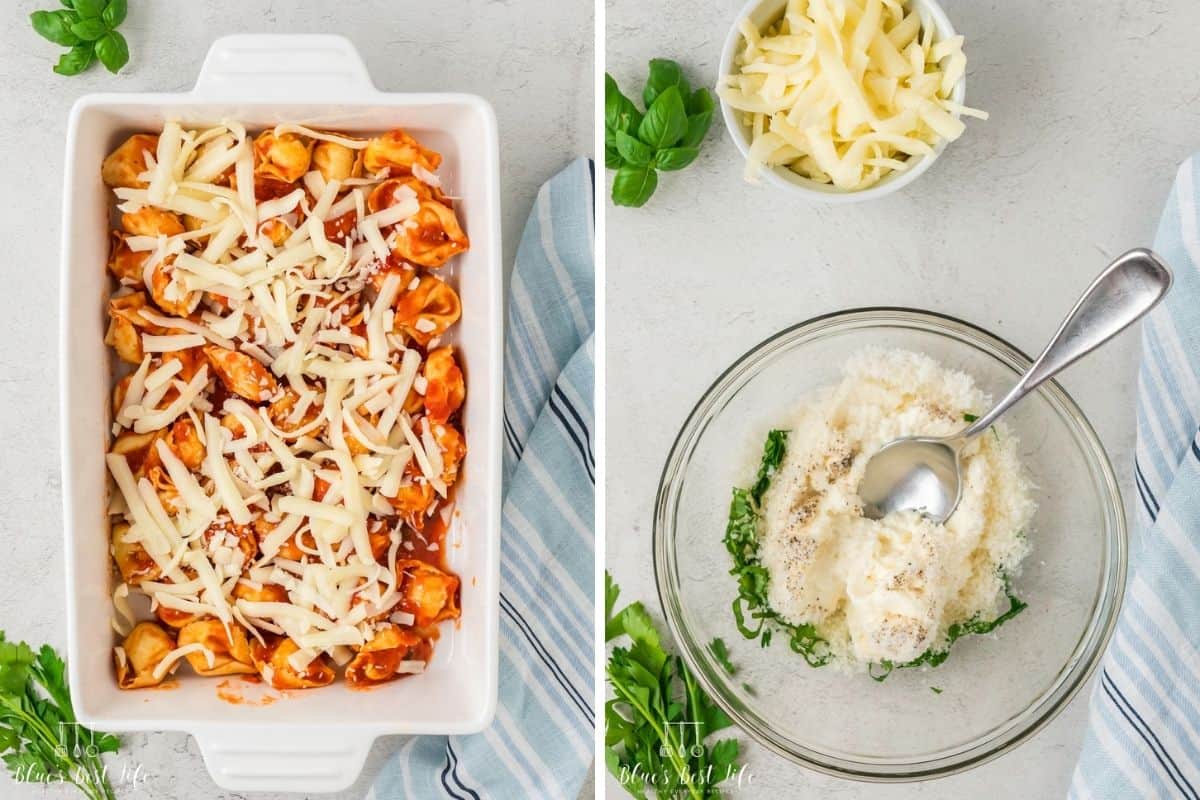 Photo Collage: Left: Sprinkling mozzarella on top of the tortellini.  Right: Mixing together the ricotta and the parmesan cheese. 