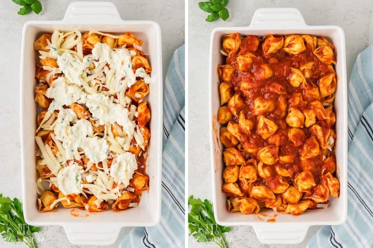 Photo Collage. Left: Adding a layer of ricotta Right: then the next layer of tortellini. 