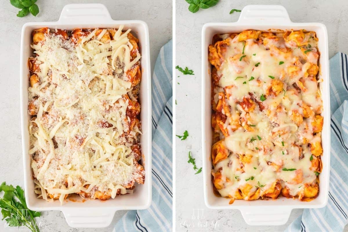 Photo Collage. Left: Covering the casserole with cheese. Right:  the casserole baked in the oven. 