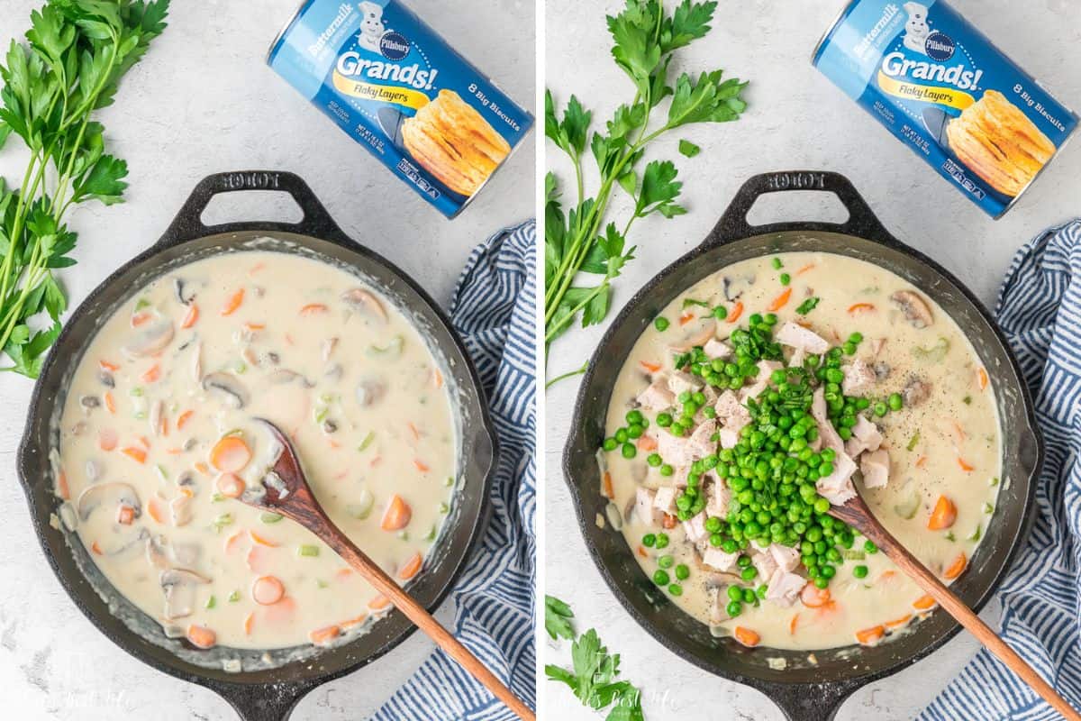 Photo Collage. Left: Add the cream and the broth to make the sauce. Right: adding the green peas to the mix.