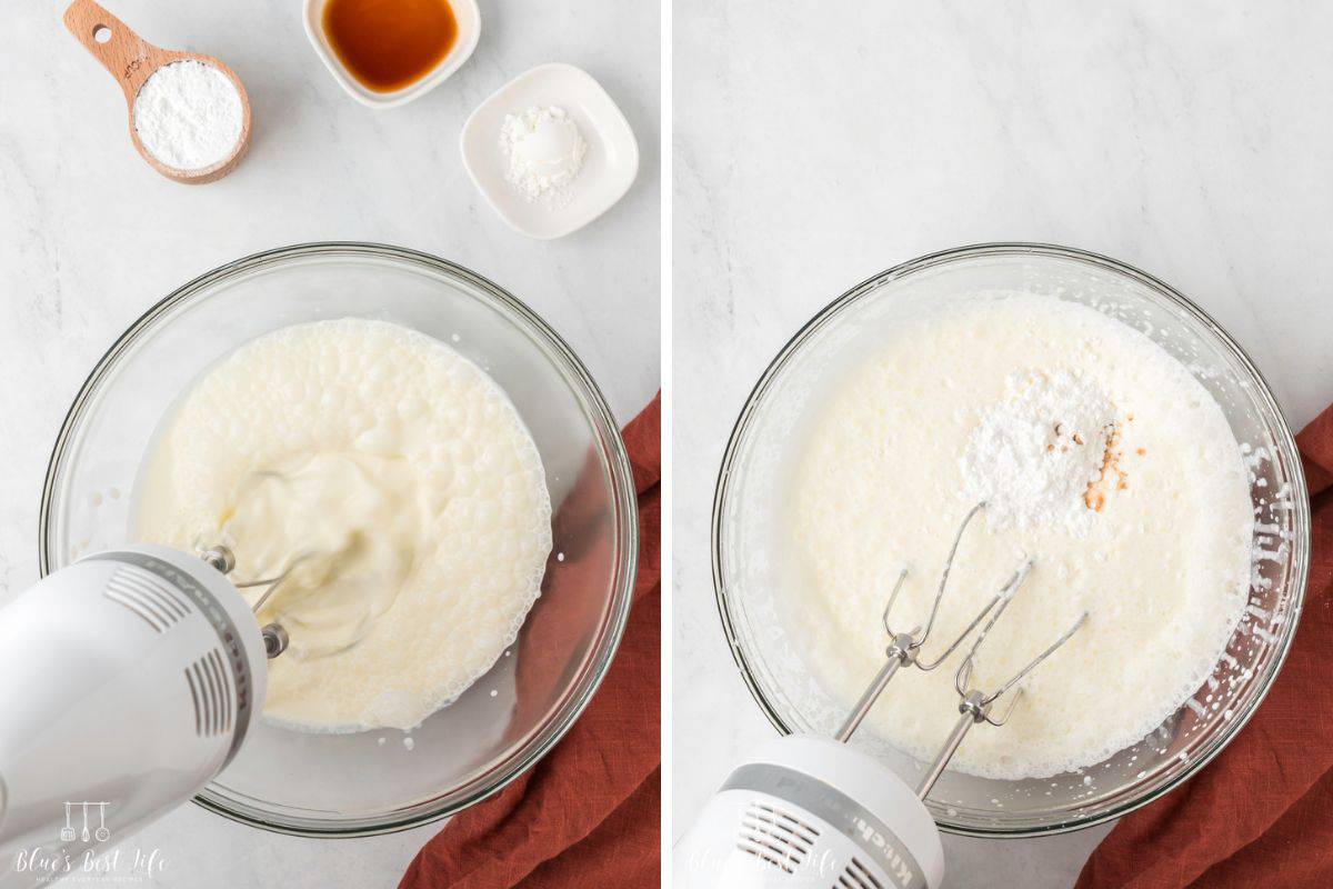 Whipping the cream and adding the powdered sugar, vanilla and cornstarch. 