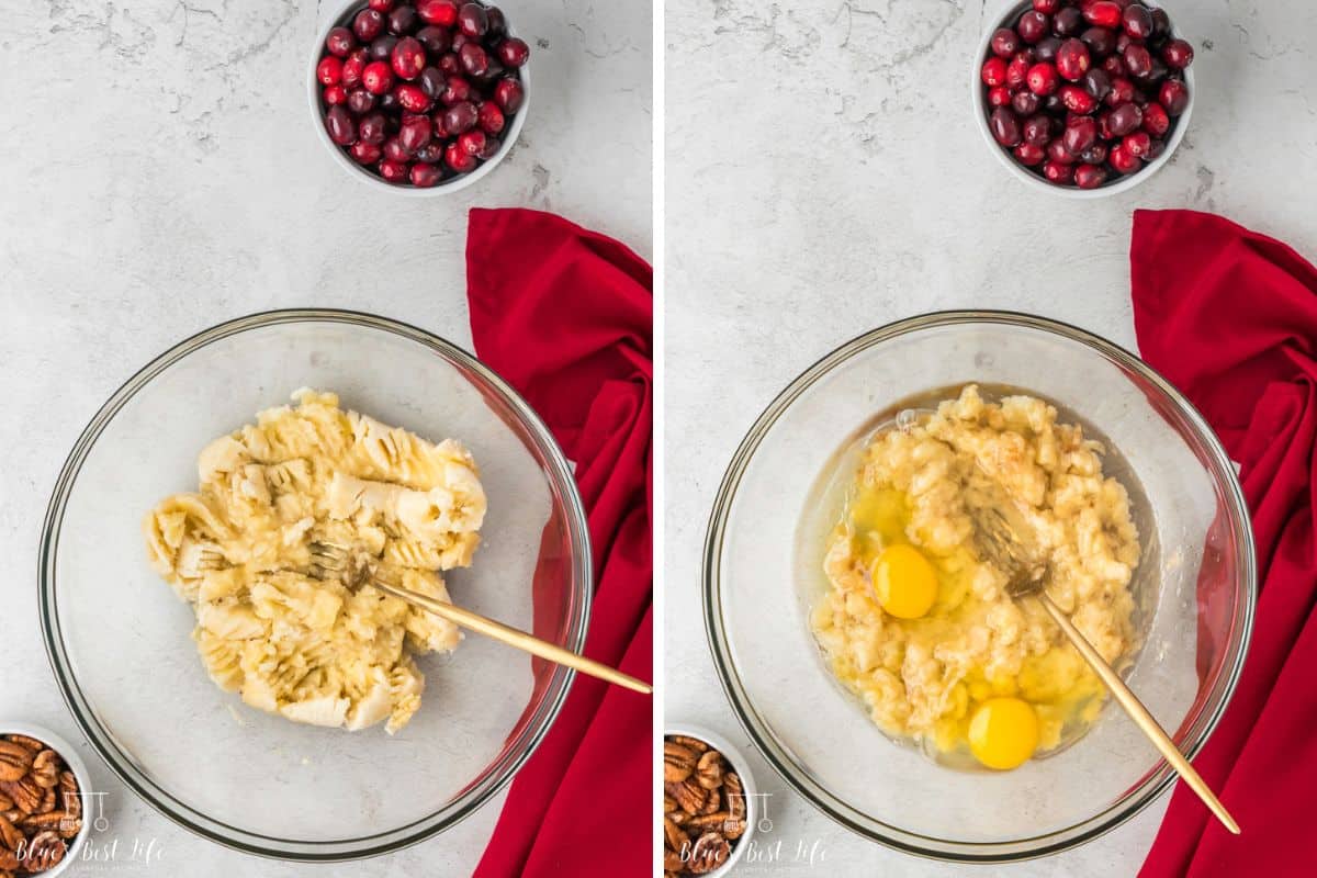 Side-by-side photo: Left: Mashing the bananas using fork in a clear glass bowl. Right: adding the eggs and oil to the mashed bananas. 