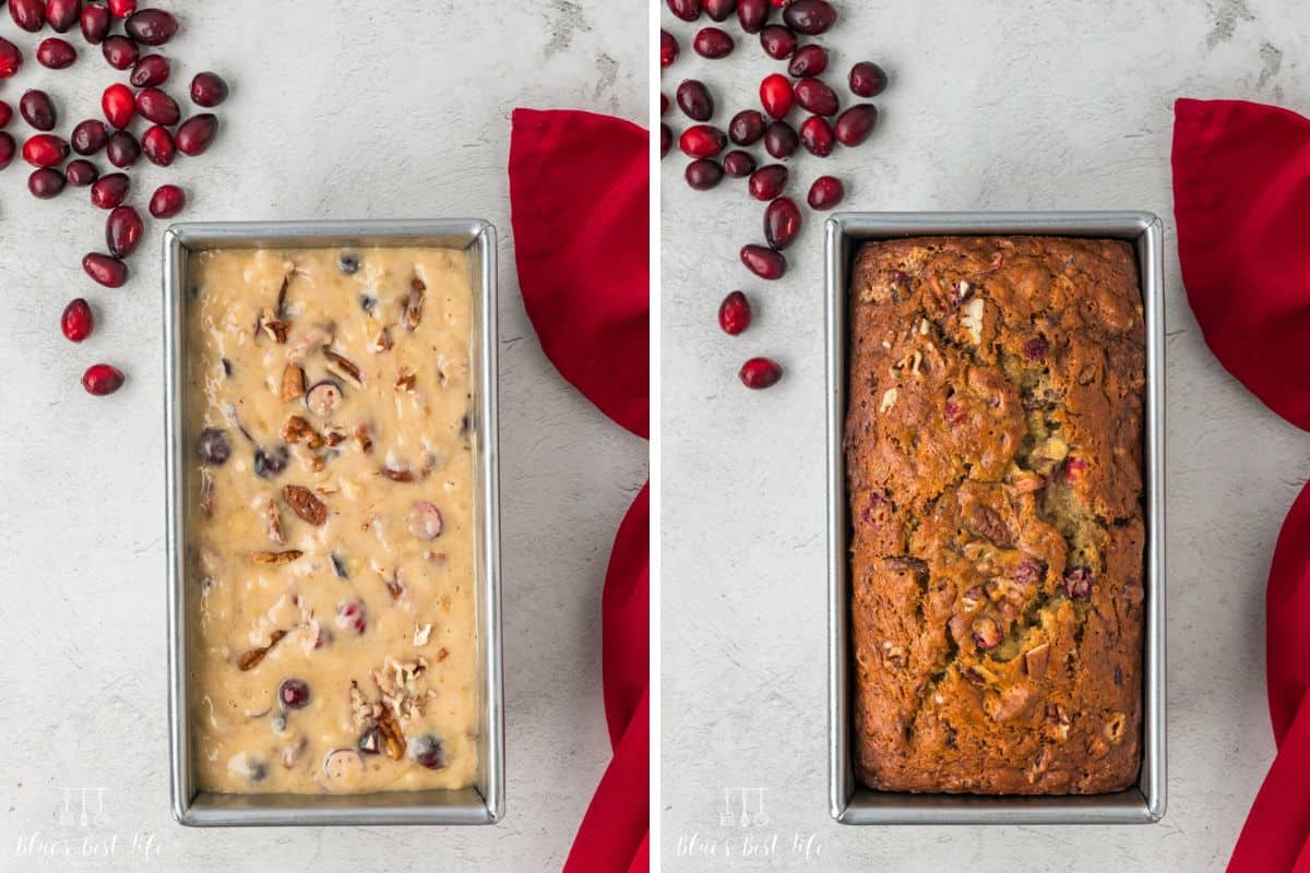 Side-by-side photo: Left: Pour the batter in the loaf pan. Right: Golden brown baked cranberry banana nut Bread. 