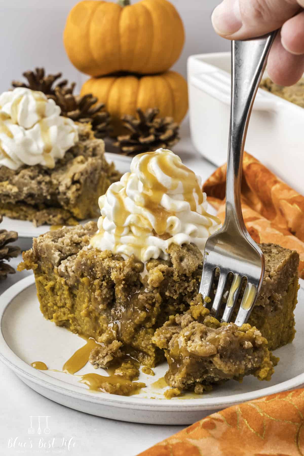 A piece of pumpkin cake with whipped cream. 