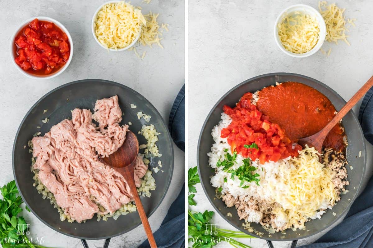 Collage Photo. Left: Browning the chicken in a skillet. Right: adding the remaining ingredients to the skillet, such as sauce, cheese, onion, green onion, tomato.