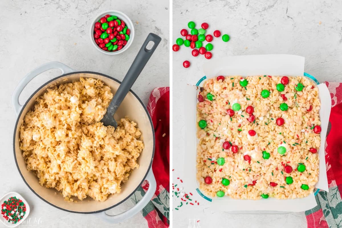 The cereal mixture combined and pressed into the pan. 