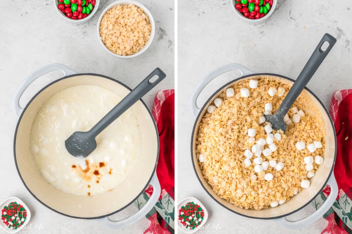 Adding the vanilla extract and stirring in the rice Krispie cereal. 