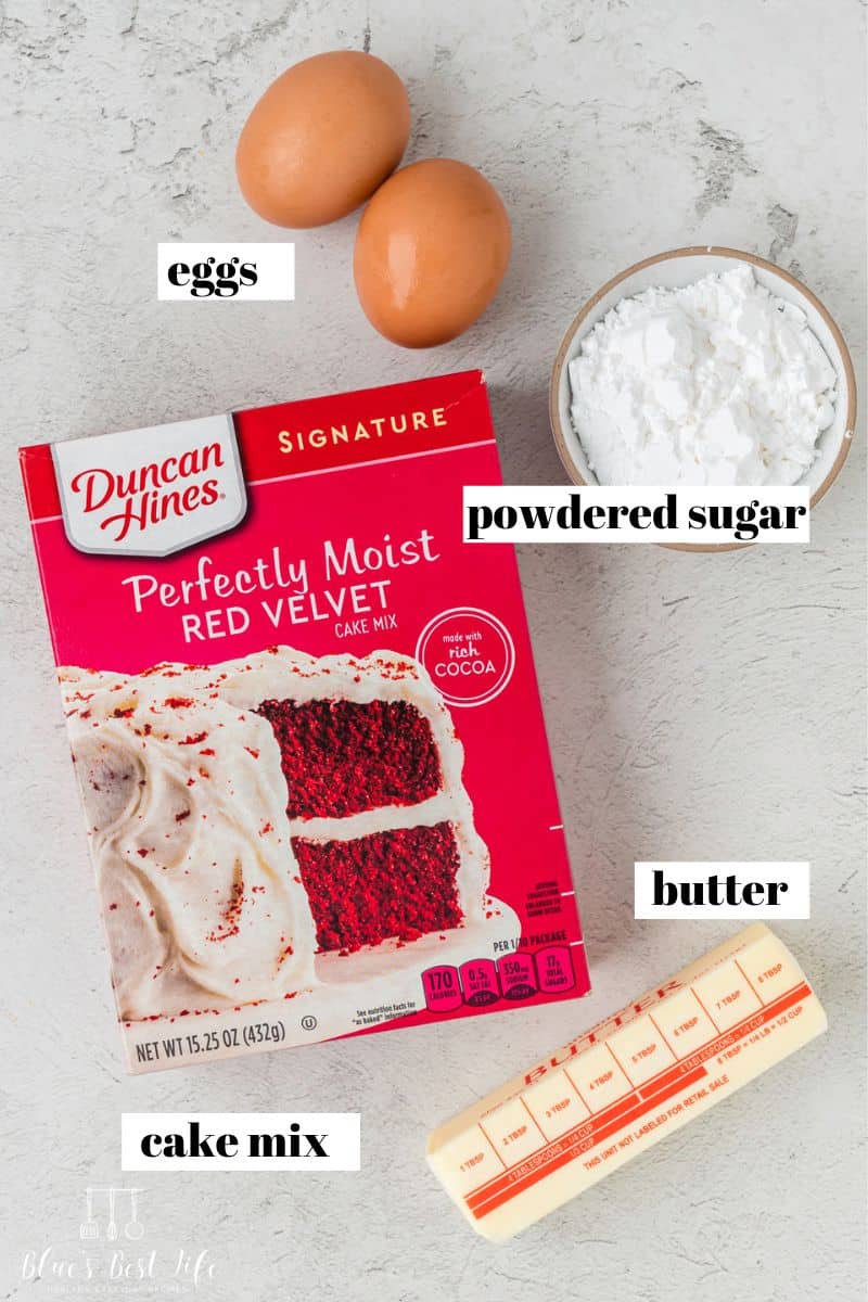The ingredients to make red velvet cake mix cookies. 