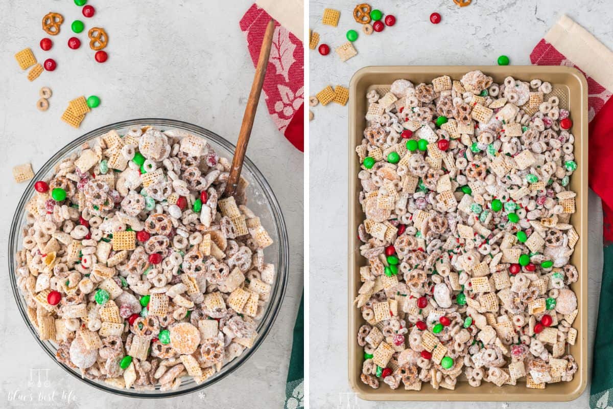 Mixing the ingredients together and adding to a baking sheet to cool. 