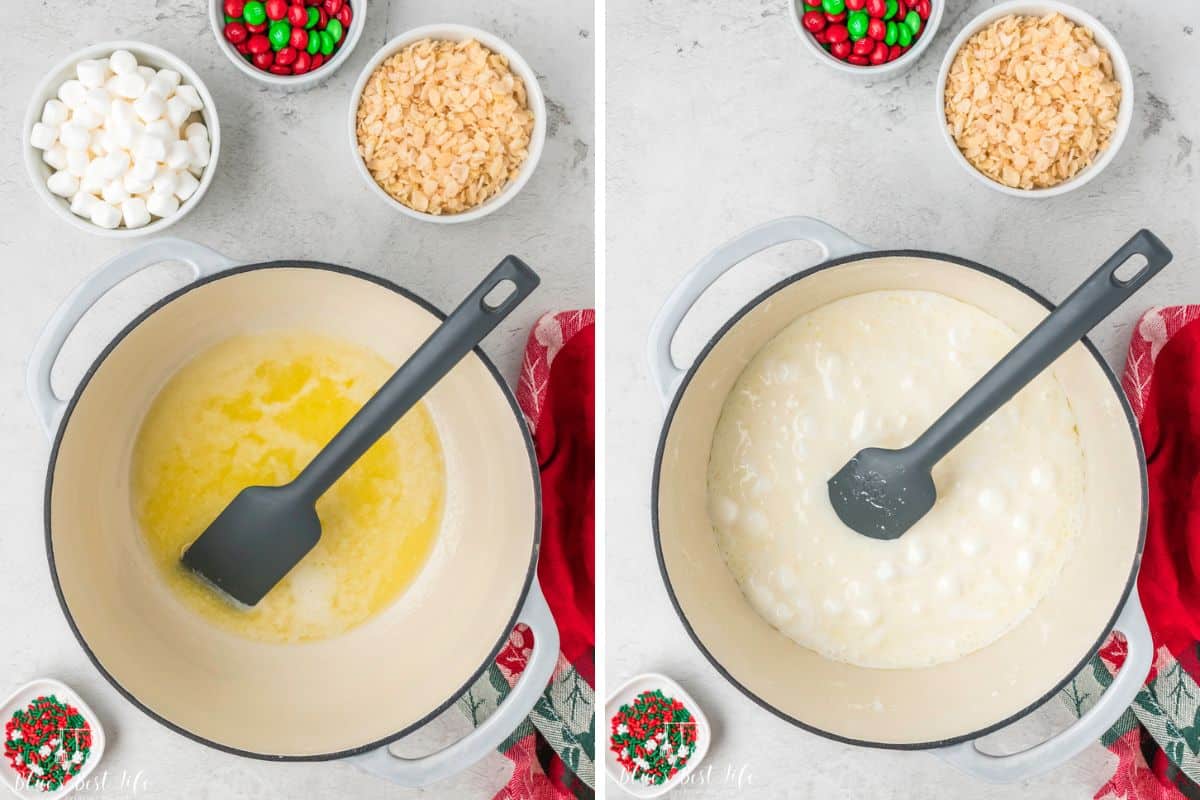 Melting the butter in a large pot and melting the marshmallows. 