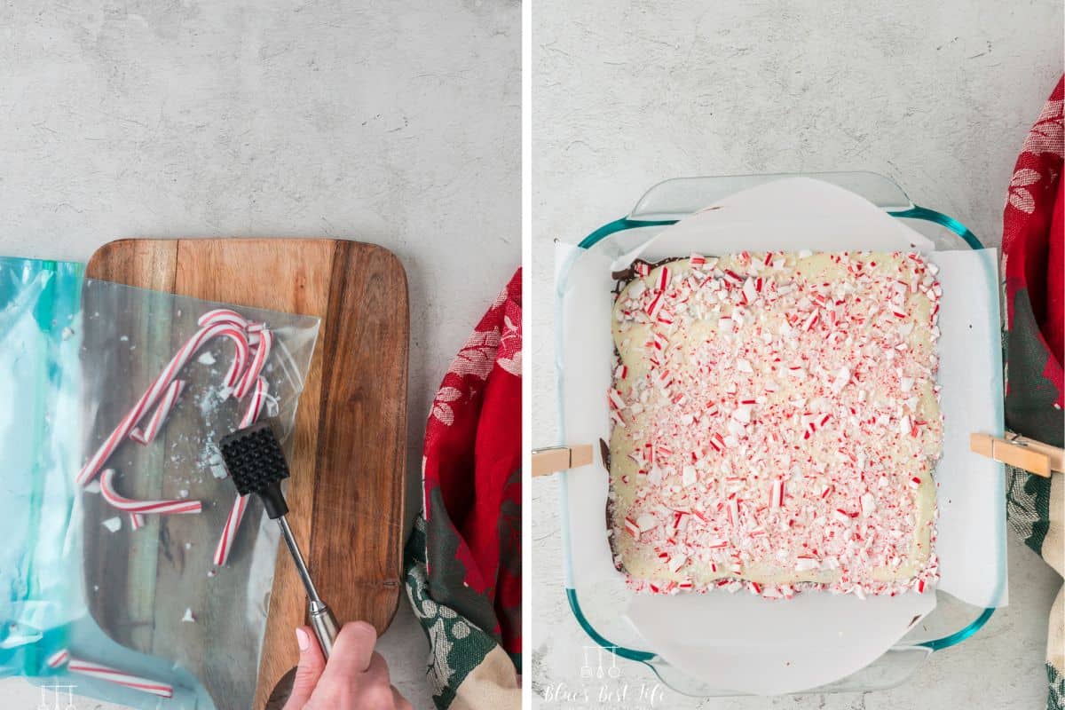 crushing the candy cane on a ziplock on the chopping board and sprinled candy cane over the white chocolate on the other side
