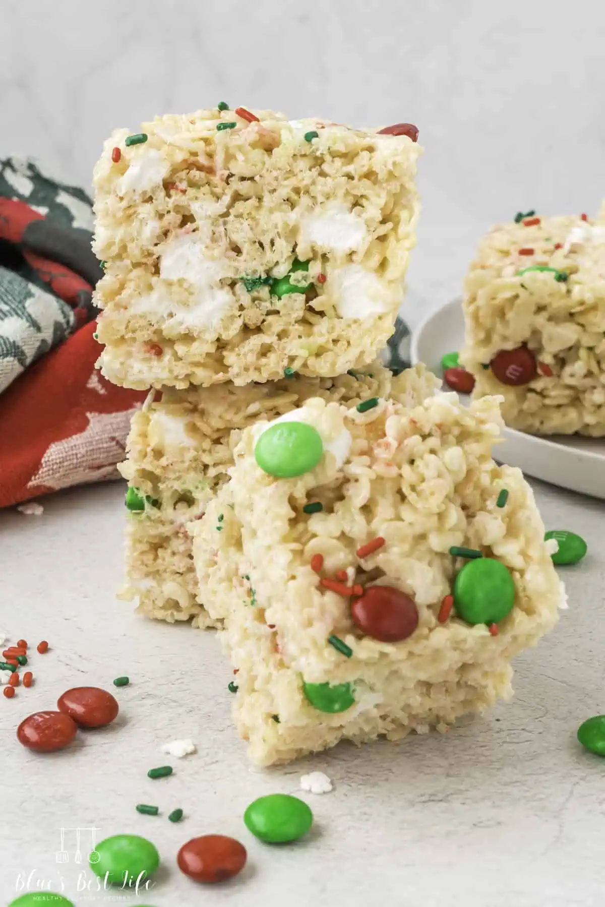 A stack of Christmas Rice Krispie Treats.