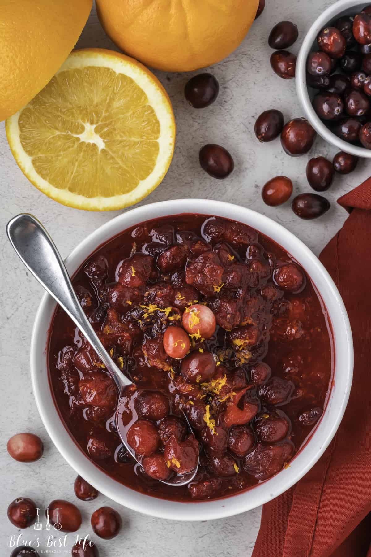 A bowl of cranberry orange sauce. 
