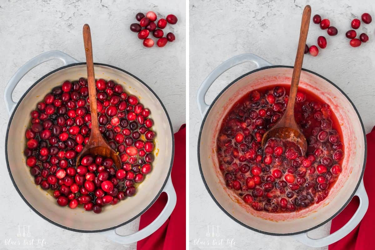 Adding the cranberries and cooking till they burst. 