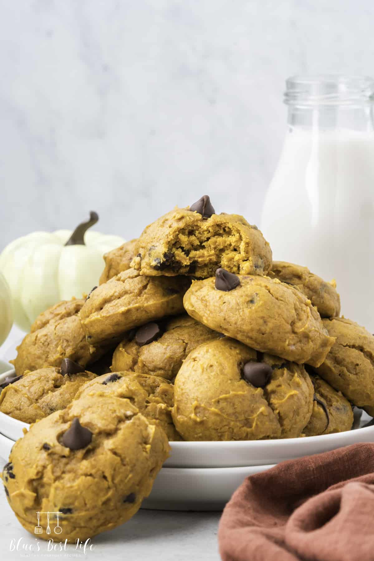 A plate of pumpkin chocolate chip cookies. 