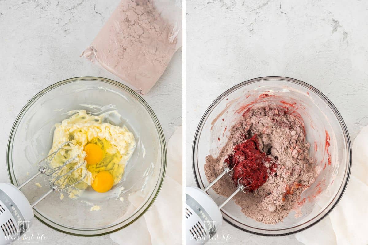Mixing the butter, eggs and cake mix. 