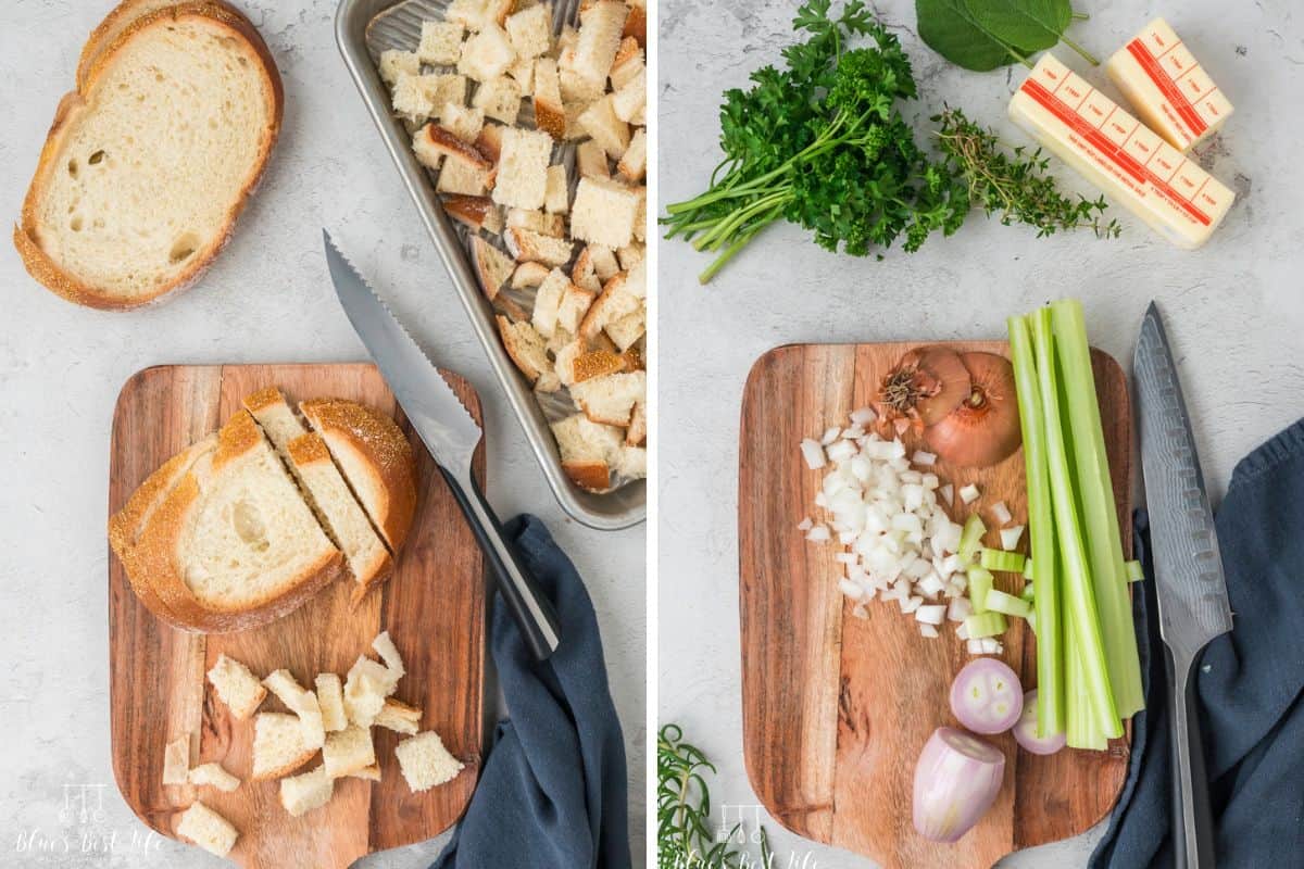 Cutting the bread and vegetables for the bread stuffing. 