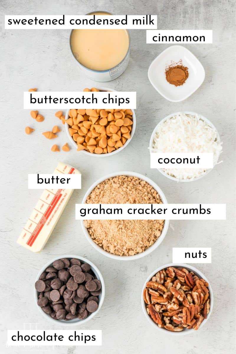 Ingredients for seven layer cookie bars. 