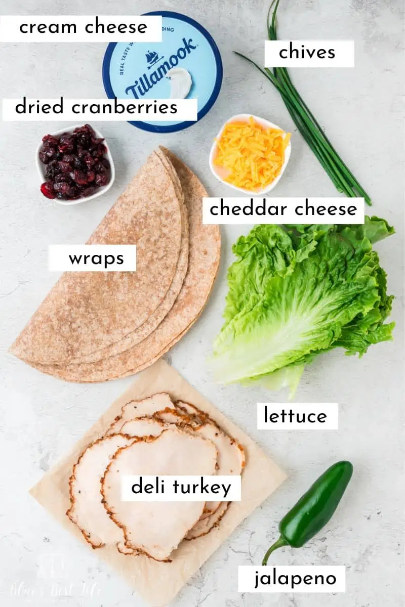The ingredients to make turkey pinwheel sandwiches.