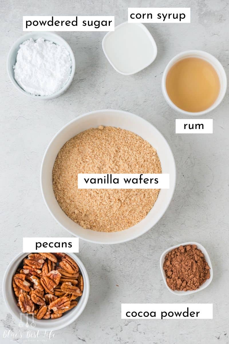 Ingredients needed for Traditional Boozy Rum Balls With Vanilla Wafers