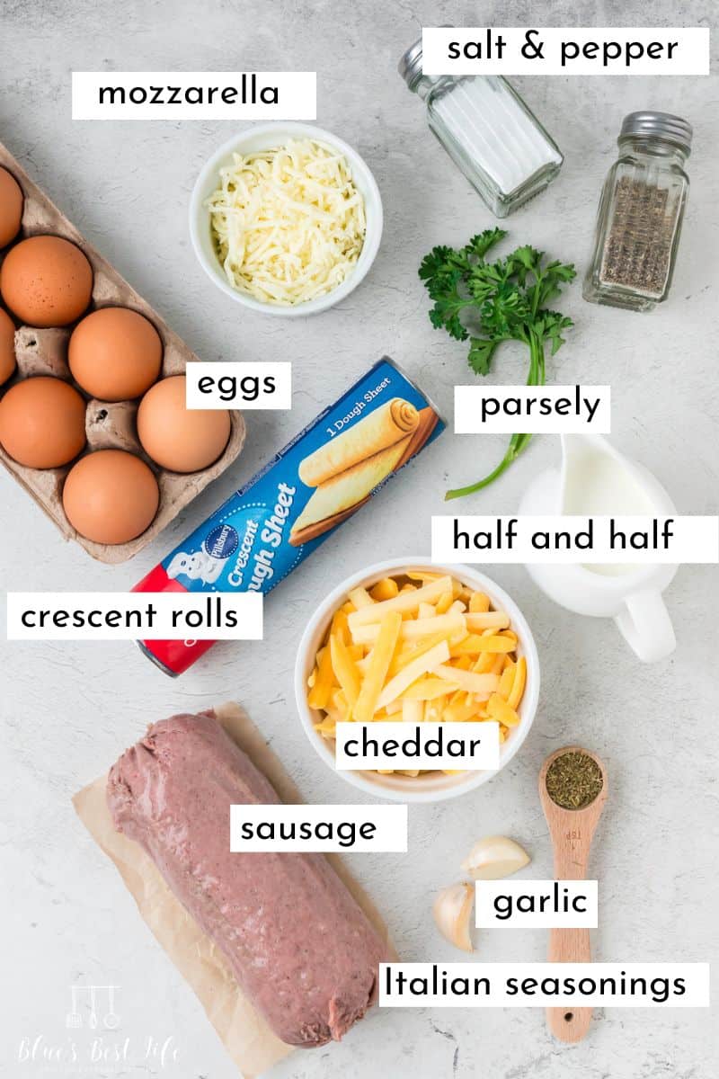 Ingredients for Easy Crescent Roll Breakfast Casserole With Sausage: mozzarella, salt & pepper, parsley, crescent rolls, half & half, cheddar, sausage, garlic, & Italian seasonings. 