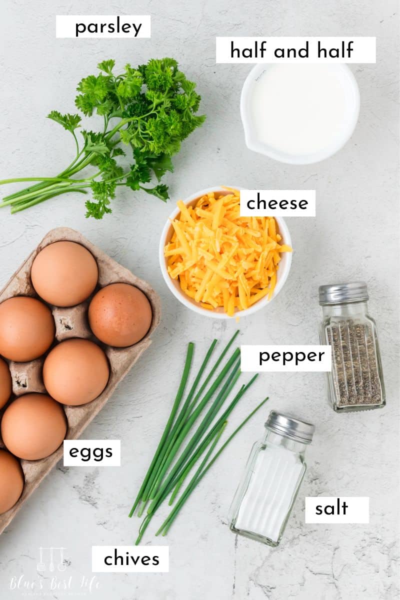 The ingredients to make sheet pan eggs: parsley, half & half, cheese, eggs, salt, pepper, & chives. 
