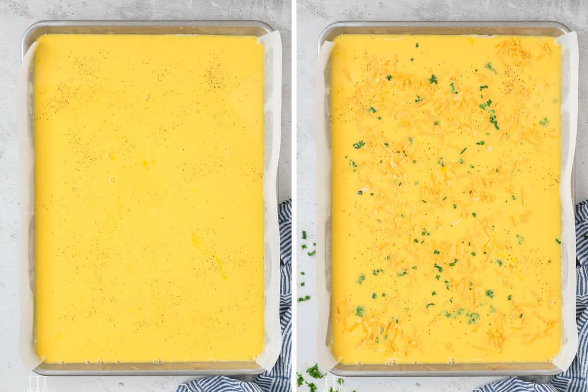 Side-by-side photo: Left: Adding the eggs to the prepared sheet pan. Right:  sprinkling with cheese and herbs. 