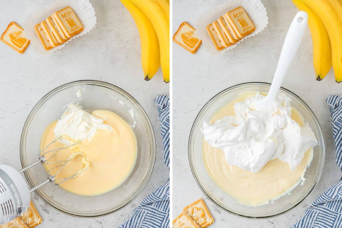 Mixing the cream cheese and adding the whipped cream. 