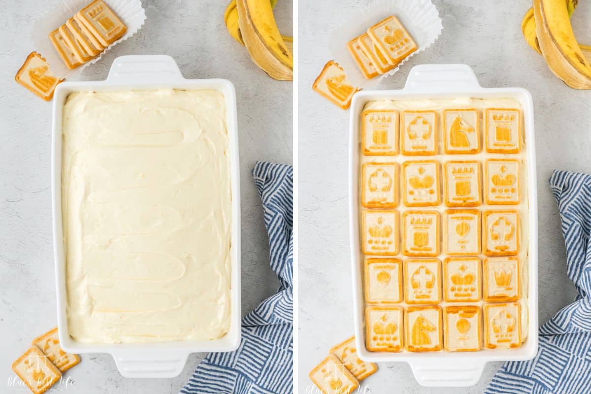 Spreading the pudding layer and adding the cookies to the top. 