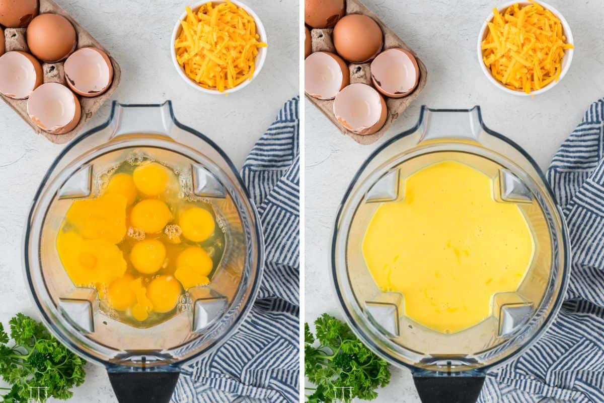 Side-by-side photo: Left: Adding the eggs to a blender. Right: completely blended egg mixture.