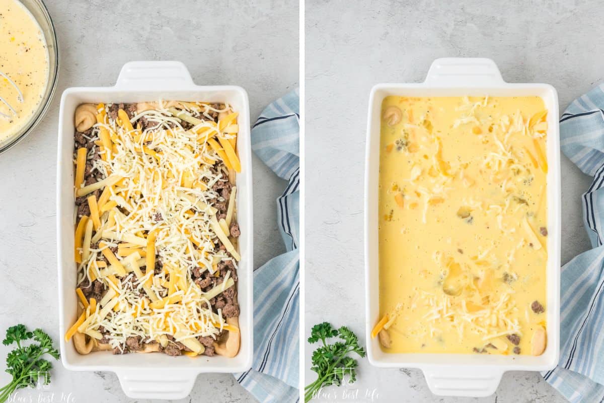 Side-by-side photo: Left: Crescent Dough lined casserole dish layered with sausages and cheese. Right: Crescent Dough lined casserole dish layered with sausages and cheese then topped with the egg mixture and some more cheese. 