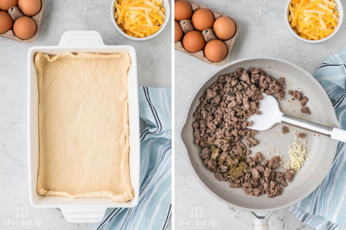 Side-by-side photo: Left: Adding the crescent dough in the casserole dish. Right: cooking the sausage in the skillet.   