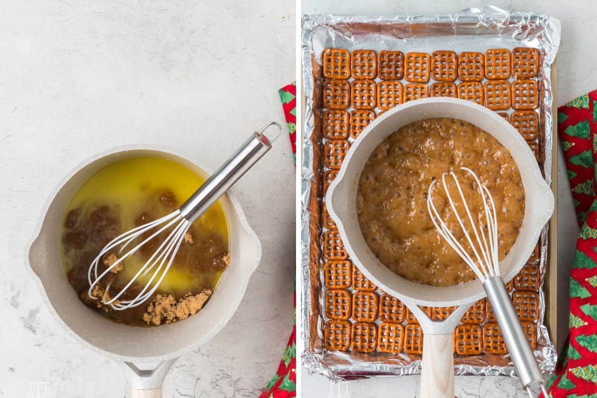 Adding the brown sugar and stirring the toffee until it boils. 