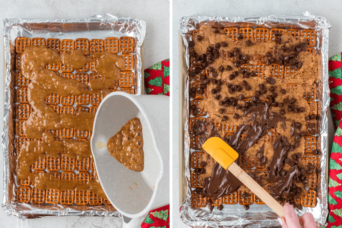 Pouring the toffee onto the pretzels and melting the chocolate. 