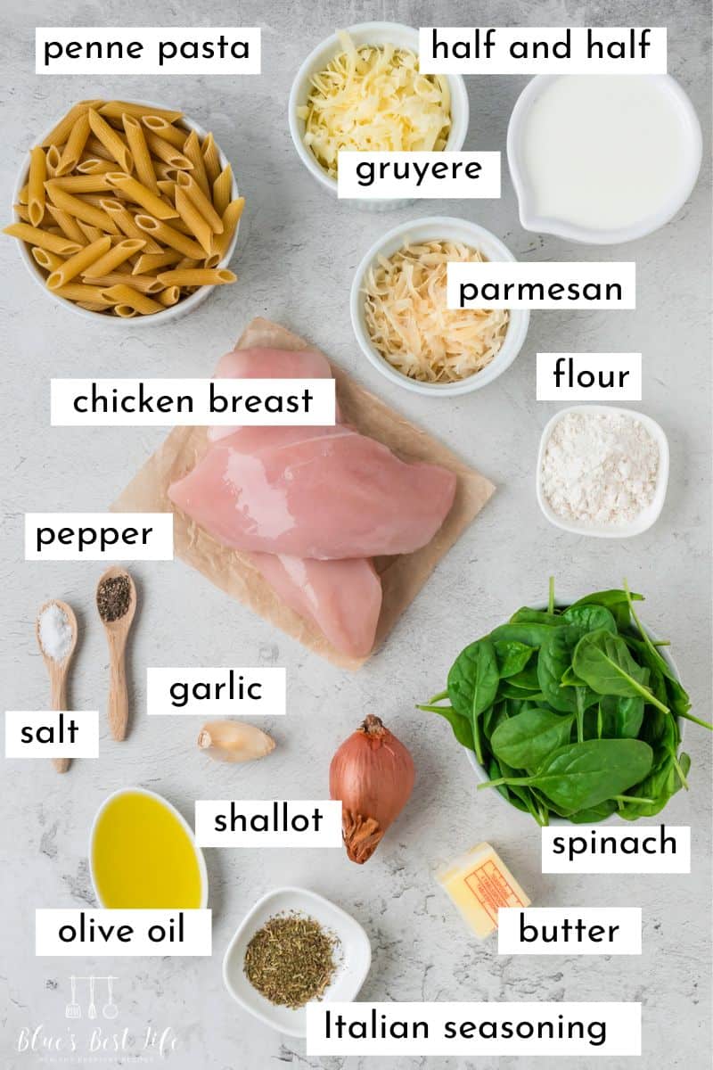 The ingredients to make chicken spinach pasta: Penne pasta, gruyere, parmesan, half & half, flour, pepper, salt, garlic, chicken breast, shallot, olive oil, Italian seasoning, spinach, butter.